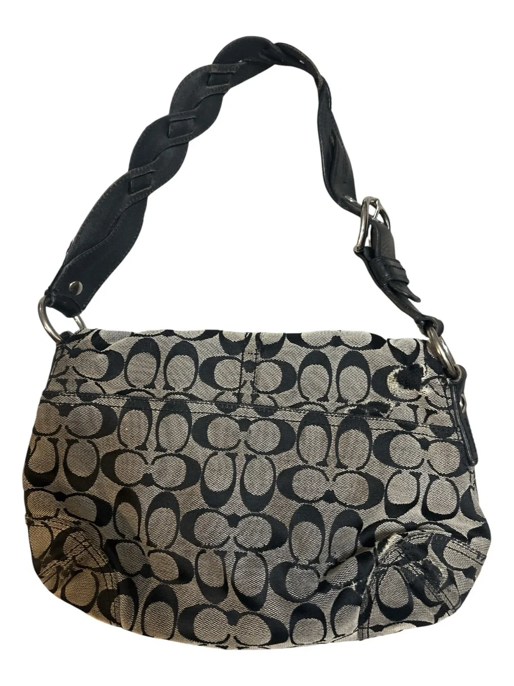 Coach Black and Beige Signature Canvas Buckle Shoulder Bag